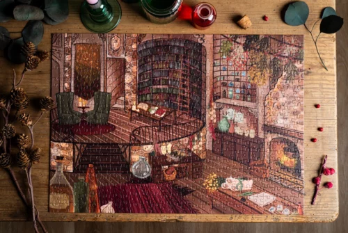 un puzzle de la marque Trevell, il est composé de 500 pièces. "Apothecary's cabinet" représente l'intérieur d'un cabinet d'apothicaire avec divers objets et des fleurs.