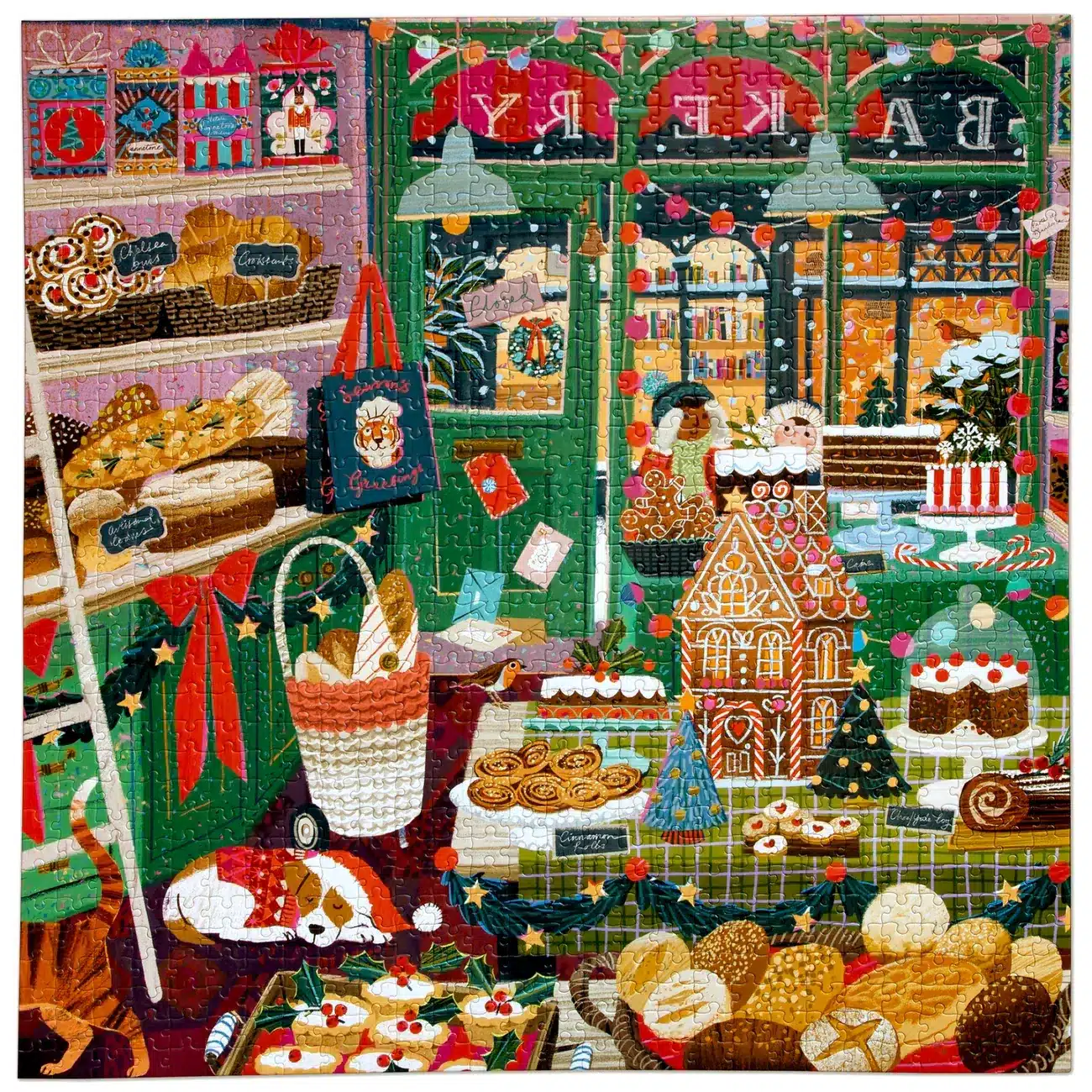 montage puzzle holiday bakery de eeboo de 1000 pièces, puzzle de Noël, puzzle illustré Victoria Ball