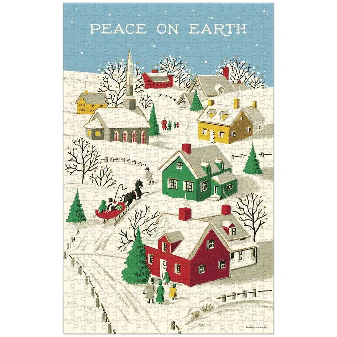 puzzle monté du puzzle peace on earth de cavallini de 500 pièces, puzzle Hiver, puzzle village enneigé.