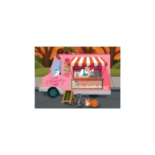 Puzzle illustration d’un food truck pour chats, proposant une variété de mets appétissants pour félins dans une ambiance colorée et joyeuse