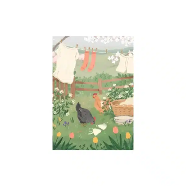 Puzzle illustration de poules qui, loin d'aider, s’amusent à picorer le linge frais étendu, créant une scène comique et chaotique