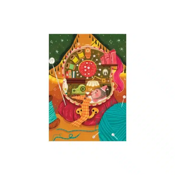 Puzzle illustration d'une petite taupe en pause couture, entourée de pelotes de laine, fils, aiguilles et un projet en cours, dans un terrier cosy