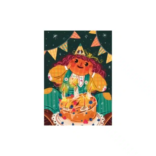 Puzzle Girl with a Pumpkin – Illustration d’une fille mi-citrouille célébrant son anniversaire, avec un sourire espiègle et une ambiance festive