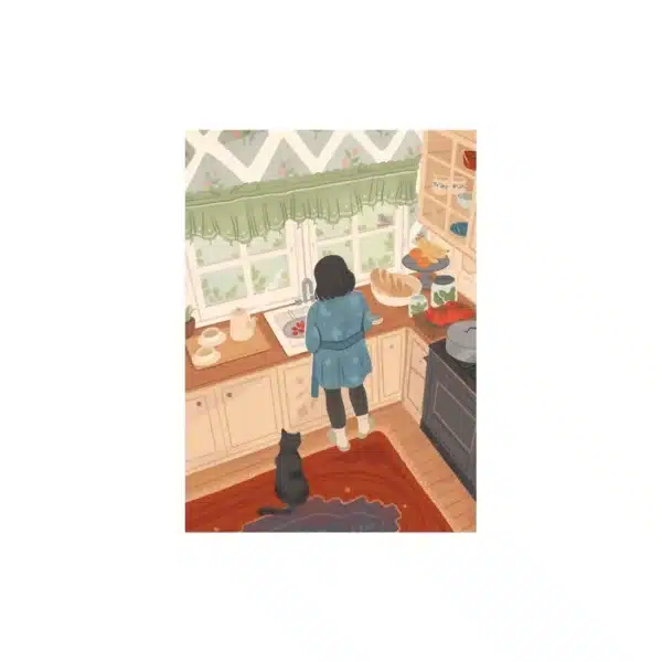 Puzzle illustration d’une femme préparant le repas, observée attentivement par son chat, dans une scène chaleureuse et pleine de complicité