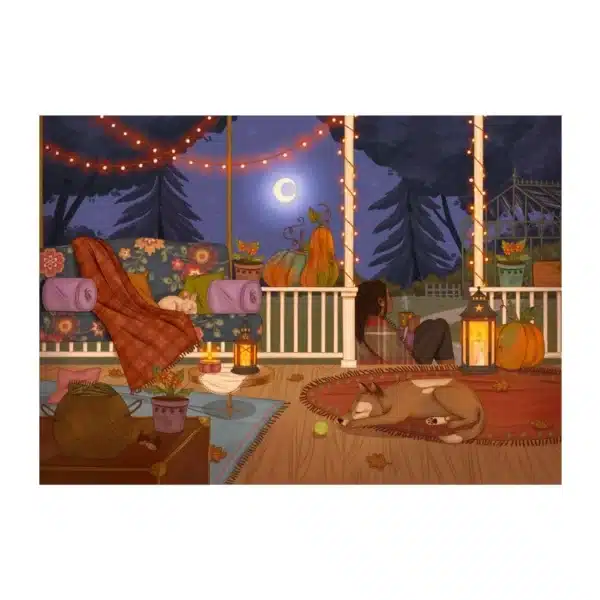 Puzzle Autumn Night – 1000 pièces, illustration d’une femme, un chien et un lapin flânant sur la terrasse d’une maison, entourés de décorations automnales et de citrouilles sous une nuit calme d’automne
