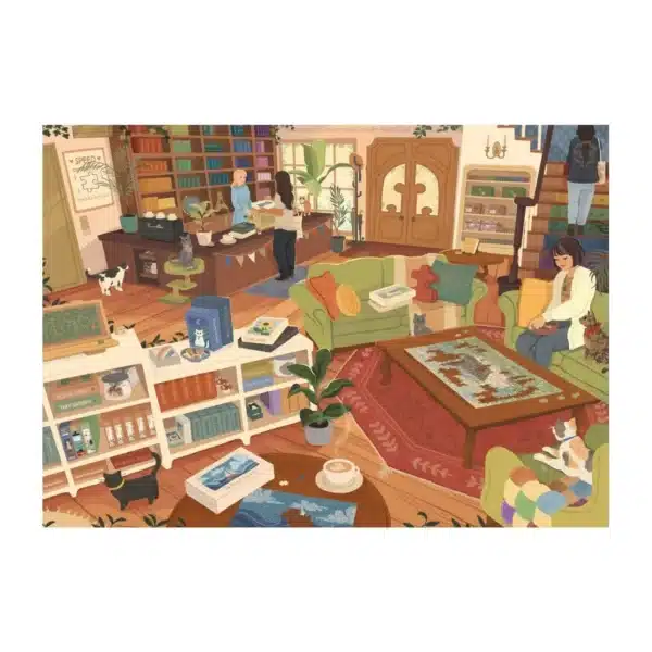 Puzzle Boutique Trevell – 1000 pièces, illustration d’une boutique de puzzles remplie de boîtes du sol au plafond, avec des chats et des accessoires pour passionnés