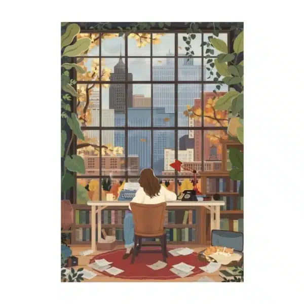 Puzzle Falling Leaves Trevell – 500 pièces, illustration d’une jeune fille assise à son bureau écrivant près d’une fenêtre avec vue sur la ville aux couleurs d’automne.
