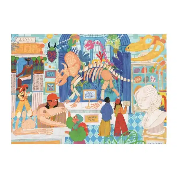 Puzzle Musée d'Histoire – 1000 pièces, illustration d'un musée avec des dinosaures, des artefacts égyptiens, et des visiteurs flânant parmi les expositions