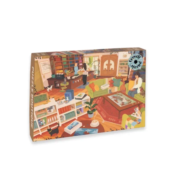 Puzzle Boutique Trevell โ illustration dโune boutique de puzzles remplie de boรฎtes du sol au plafond, avec des chats et des accessoires pour passionnรฉs